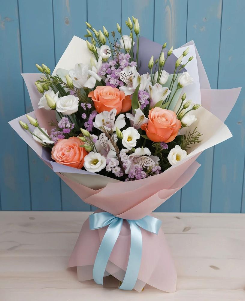 Букет цветов из: Лизиантусы, Розы, Альстромерии и Гипсофила в Софрино